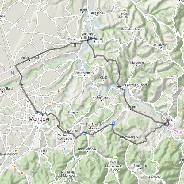 Miniatuurkaart van de fietsinspiratie "Rondrit via San Michele Mondovì, Mondovì en Carrù" in Piemonte, Italy. Gemaakt door de Tarmacs.app fietsrouteplanner