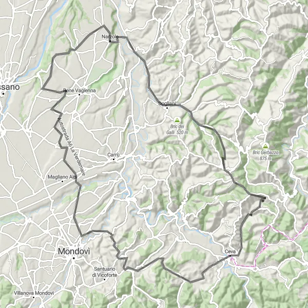 Miniaturní mapa "Cyklotrasa cevsko-okolí - Mombasiglio - Briaglia - Isola - Narzole" inspirace pro cyklisty v oblasti Piemonte, Italy. Vytvořeno pomocí plánovače tras Tarmacs.app