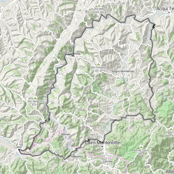 Map miniature of "Ceva to Sale San Giovanni Loop" cycling inspiration in Piemonte, Italy. Generated by Tarmacs.app cycling route planner