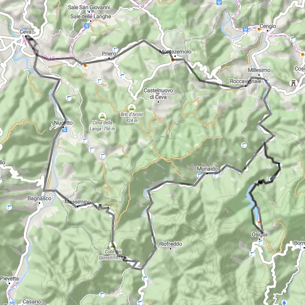 Map miniature of "Ceva to Colle Monte Loop" cycling inspiration in Piemonte, Italy. Generated by Tarmacs.app cycling route planner