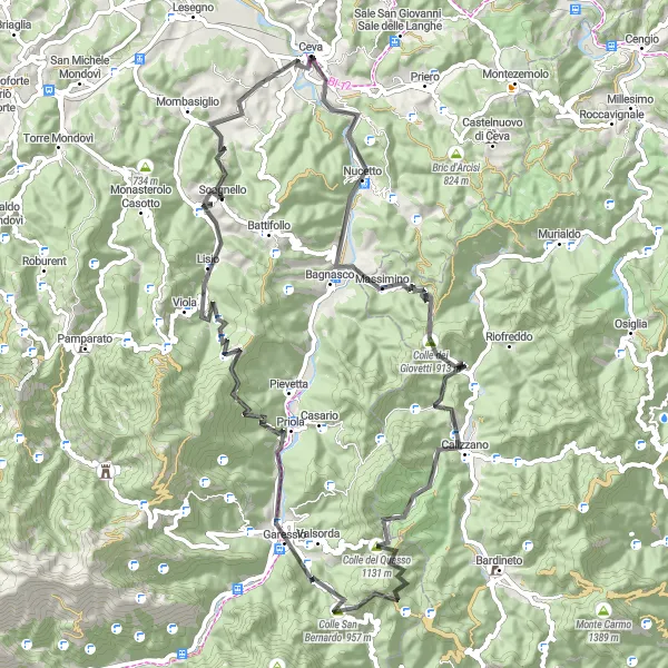 Miniaturekort af cykelinspirationen "Cycling gennem Ceva Skove og Bjerge" i Piemonte, Italy. Genereret af Tarmacs.app cykelruteplanlægger