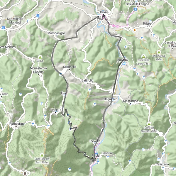 Zemljevid v pomanjšavi "Kolesarjenje v bližini Ceva (Piemonte, Italija) - Cestna pot" kolesarske inspiracije v Piemonte, Italy. Generirano z načrtovalcem kolesarskih poti Tarmacs.app