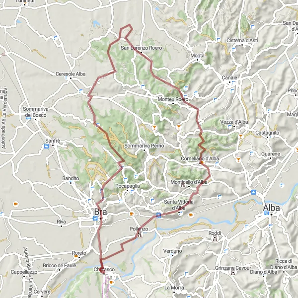 Map miniature of "Gravel Route: Cherasco and Bra" cycling inspiration in Piemonte, Italy. Generated by Tarmacs.app cycling route planner