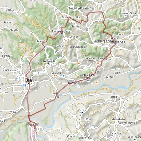 Map miniature of "Cherasco to Baldissero d'Alba Gravel Adventure" cycling inspiration in Piemonte, Italy. Generated by Tarmacs.app cycling route planner