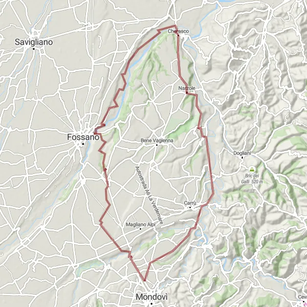 Miniatura della mappa di ispirazione al ciclismo "Esplorazione gravel tra Narzole e Cervere" nella regione di Piemonte, Italy. Generata da Tarmacs.app, pianificatore di rotte ciclistiche