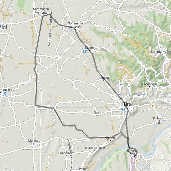 Map miniature of "Road Route: Cherasco to Bra" cycling inspiration in Piemonte, Italy. Generated by Tarmacs.app cycling route planner