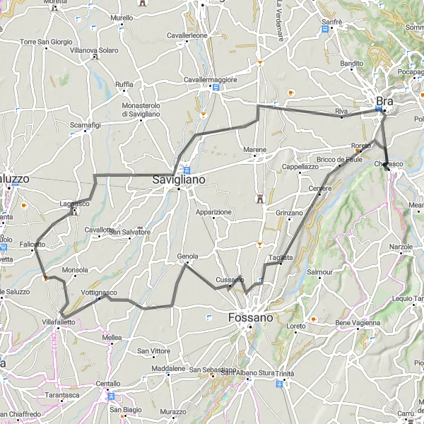 Kartminiatyr av "Roreto til Bra via Levaldigi" sykkelinspirasjon i Piemonte, Italy. Generert av Tarmacs.app sykkelrutoplanlegger