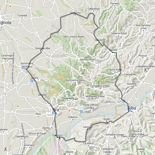 Karttaminiaatyyri "Cherasco - Verduno Road Tour" pyöräilyinspiraatiosta alueella Piemonte, Italy. Luotu Tarmacs.app pyöräilyreittisuunnittelijalla
