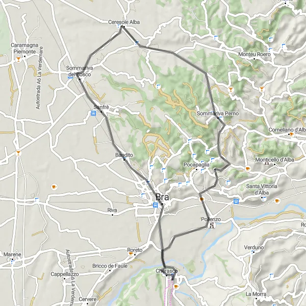 Map miniature of "Road Route: Cherasco to Pollenzo" cycling inspiration in Piemonte, Italy. Generated by Tarmacs.app cycling route planner