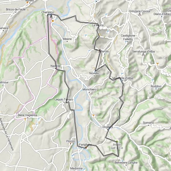 Miniatua del mapa de inspiración ciclista "Ruta por las colinas de Langhe" en Piemonte, Italy. Generado por Tarmacs.app planificador de rutas ciclistas