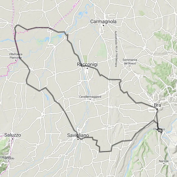 Miniaturní mapa "Jízda po královských cestách" inspirace pro cyklisty v oblasti Piemonte, Italy. Vytvořeno pomocí plánovače tras Tarmacs.app