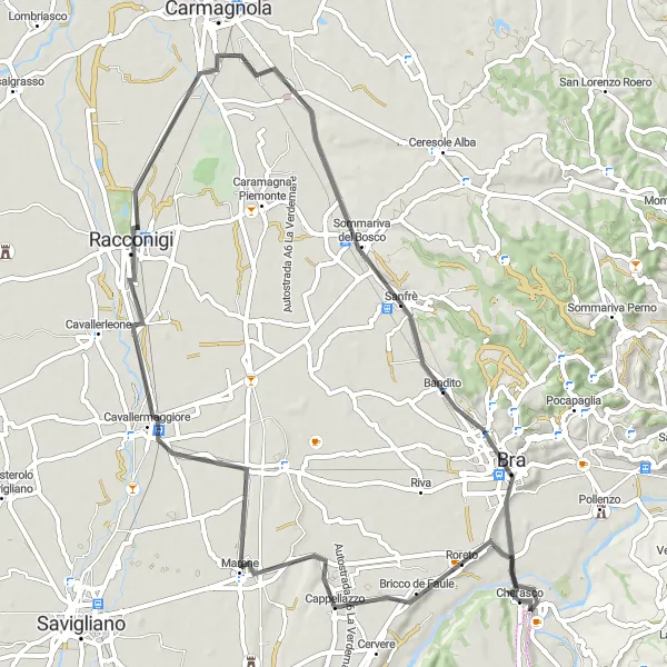 Miniaturní mapa "Cyklotrasa skrze Roreto a Cavallermaggiore" inspirace pro cyklisty v oblasti Piemonte, Italy. Vytvořeno pomocí plánovače tras Tarmacs.app