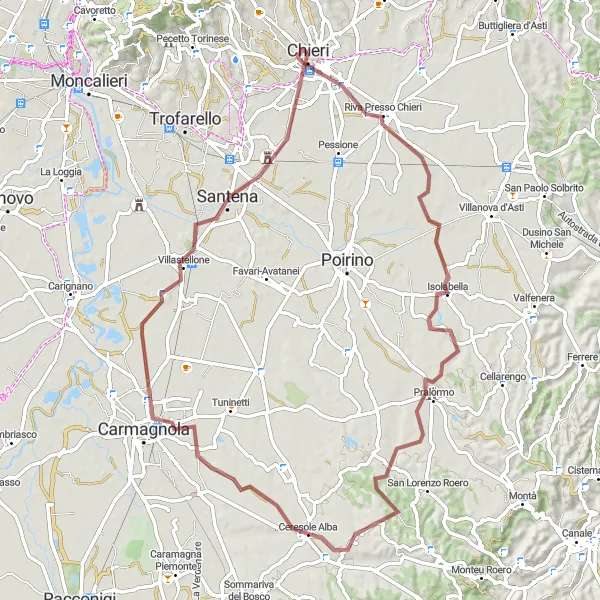 Mapa miniatúra "Gravel Route Chieri - Corveglia - Pralormo - Villastellone - Santena" cyklistická inšpirácia v Piemonte, Italy. Vygenerované cyklistickým plánovačom trás Tarmacs.app