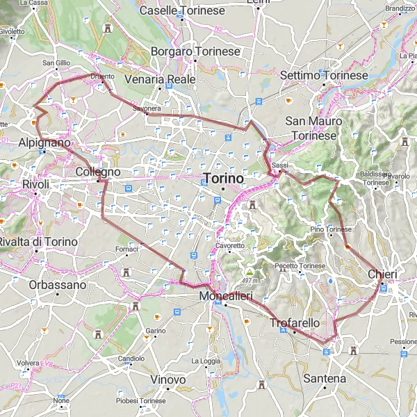 Map miniature of "Chieri Gravel Adventure" cycling inspiration in Piemonte, Italy. Generated by Tarmacs.app cycling route planner