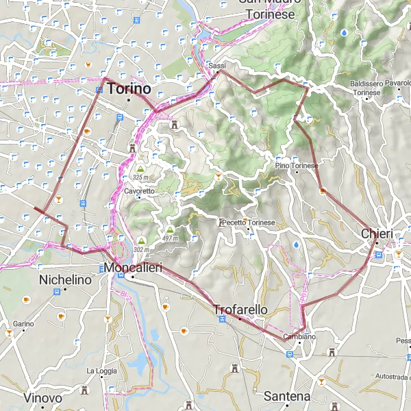 Miniature de la carte de l'inspiration cycliste "Les collines de Turin en gravier" dans la Piemonte, Italy. Générée par le planificateur d'itinéraire cycliste Tarmacs.app
