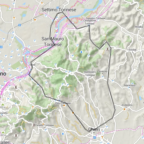 Miniaturní mapa "Road okruh kolem Chieri" inspirace pro cyklisty v oblasti Piemonte, Italy. Vytvořeno pomocí plánovače tras Tarmacs.app