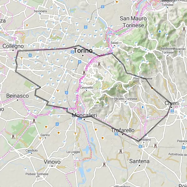 Mapa miniatúra "Road Route Chieri - Moncalieri - Collegno - Mole Antonelliana - Pino Torinese" cyklistická inšpirácia v Piemonte, Italy. Vygenerované cyklistickým plánovačom trás Tarmacs.app