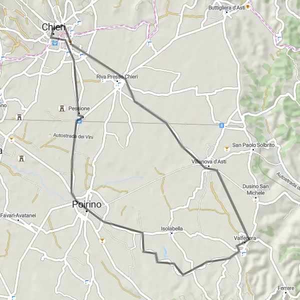 Map miniature of "Villanova d'Asti Road Route" cycling inspiration in Piemonte, Italy. Generated by Tarmacs.app cycling route planner