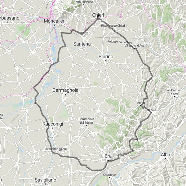 Mapa miniatúra "Road Route Chieri - Villanova d'Asti - Ferrere - Roreto - Cavallerleone - Carignano - Cambiano" cyklistická inšpirácia v Piemonte, Italy. Vygenerované cyklistickým plánovačom trás Tarmacs.app