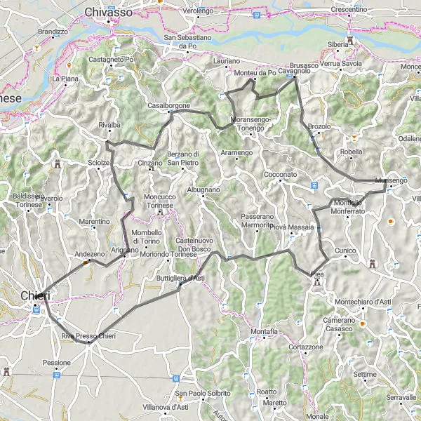 Mapa miniatúra "Road Route Chieri - Arignano - Casalborgone - Cavagnolo - Piea - Castelnuovo Don Bosco - Riva Presso Chieri" cyklistická inšpirácia v Piemonte, Italy. Vygenerované cyklistickým plánovačom trás Tarmacs.app