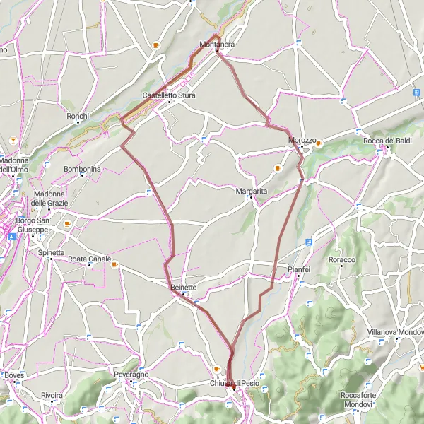 Miniatua del mapa de inspiración ciclista "Ruta de Ciclismo de Grava a Beinette y Morozzo" en Piemonte, Italy. Generado por Tarmacs.app planificador de rutas ciclistas