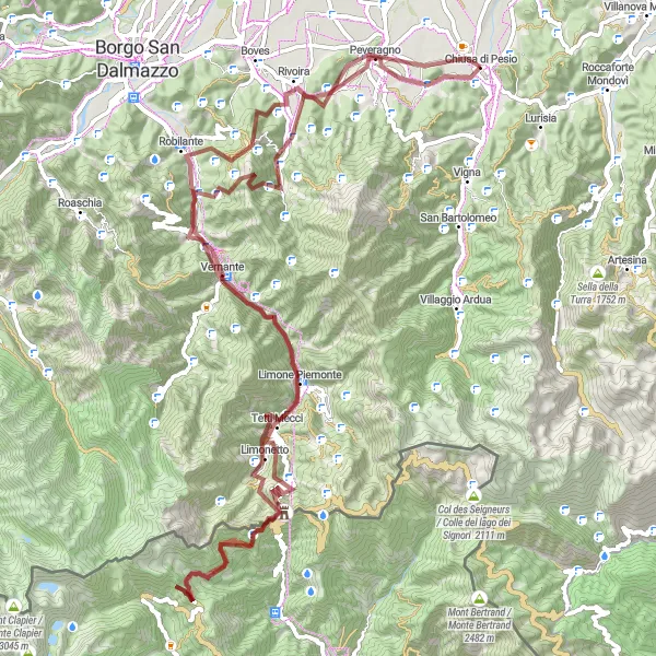 Miniature de la carte de l'inspiration cycliste "Tour captivant de 105 km à Chiusa di Pesio" dans la Piemonte, Italy. Générée par le planificateur d'itinéraire cycliste Tarmacs.app