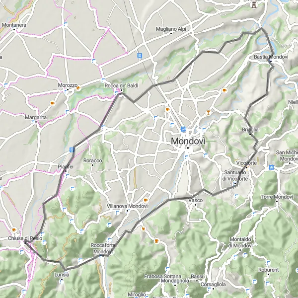 Miniatua del mapa de inspiración ciclista "Giro en bici desde Chiusa di Pesio a Pianfei y más allá" en Piemonte, Italy. Generado por Tarmacs.app planificador de rutas ciclistas