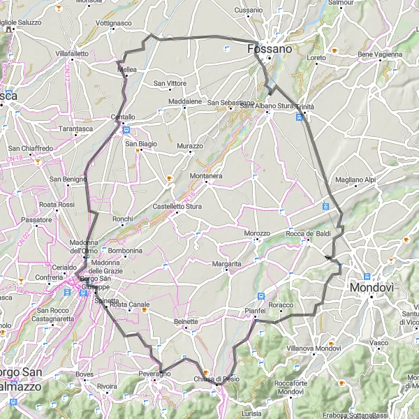 Miniatura della mappa di ispirazione al ciclismo "Tra boschi e campi in bicicletta" nella regione di Piemonte, Italy. Generata da Tarmacs.app, pianificatore di rotte ciclistiche