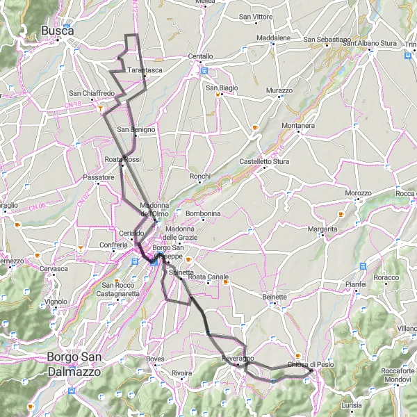 Miniatuurkaart van de fietsinspiratie "Panoramische fietstocht door Peveragno en Cuneo" in Piemonte, Italy. Gemaakt door de Tarmacs.app fietsrouteplanner