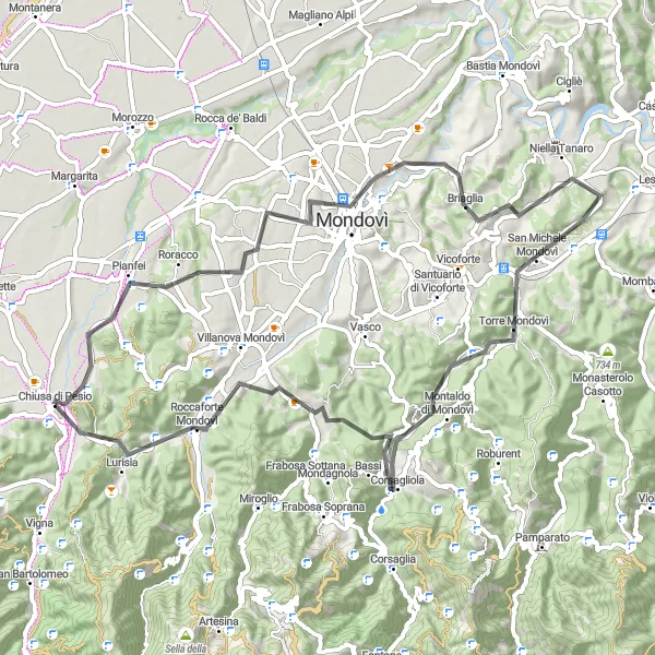 Miniatua del mapa de inspiración ciclista "Ruta de Ciclismo de Carretera a Roracco y Roccaforte Mondovì" en Piemonte, Italy. Generado por Tarmacs.app planificador de rutas ciclistas