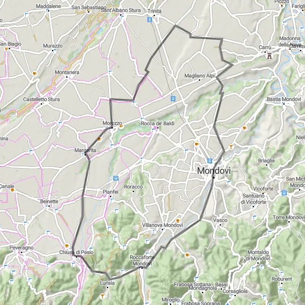 Miniatua del mapa de inspiración ciclista "Recorrido en bici por Morozzo, Isola y Mondovì" en Piemonte, Italy. Generado por Tarmacs.app planificador de rutas ciclistas