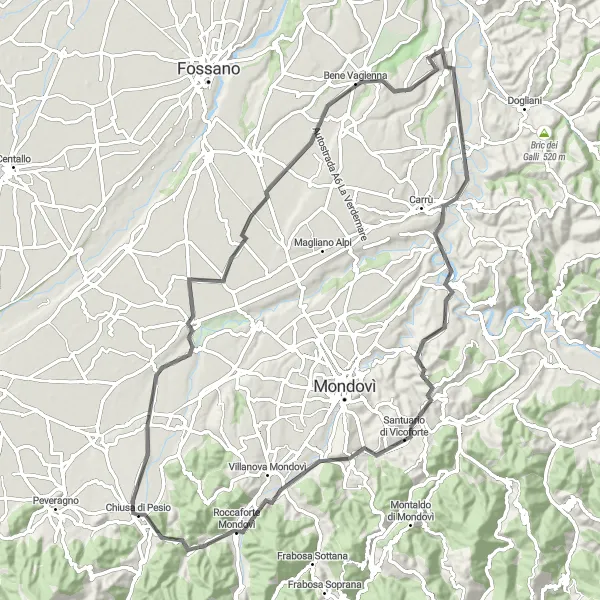 Miniatua del mapa de inspiración ciclista "Ruta en Carretera a través de las Colinas Italianas" en Piemonte, Italy. Generado por Tarmacs.app planificador de rutas ciclistas