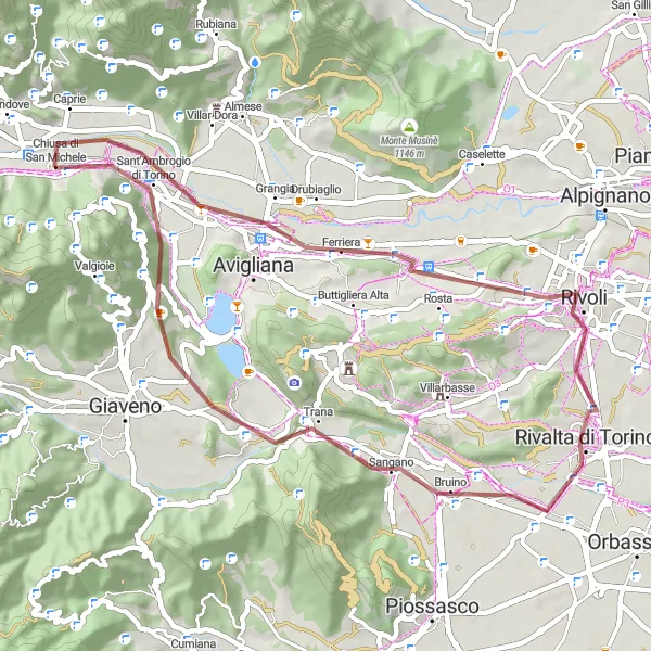 Miniatua del mapa de inspiración ciclista "Ruta de grava cerca de Chiusa di San Michele" en Piemonte, Italy. Generado por Tarmacs.app planificador de rutas ciclistas