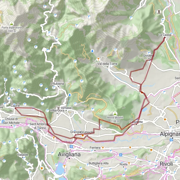 Miniaturní mapa "Gravelový okruh kolem Chiusa di San Michele" inspirace pro cyklisty v oblasti Piemonte, Italy. Vytvořeno pomocí plánovače tras Tarmacs.app