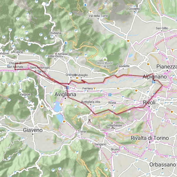 Miniatura della mappa di ispirazione al ciclismo "Gravel Tour tra Rocce Rosse e Monte Pirchiriano" nella regione di Piemonte, Italy. Generata da Tarmacs.app, pianificatore di rotte ciclistiche