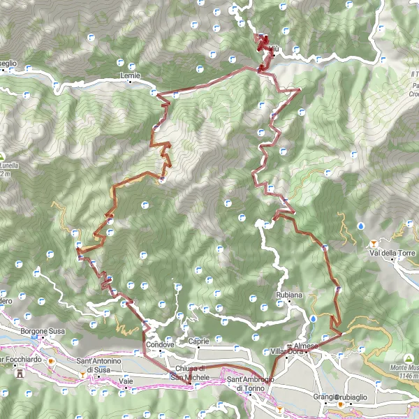 Miniature de la carte de l'inspiration cycliste "Exploration des sentiers rustiques au départ de Chiusa di San Michele" dans la Piemonte, Italy. Générée par le planificateur d'itinéraire cycliste Tarmacs.app
