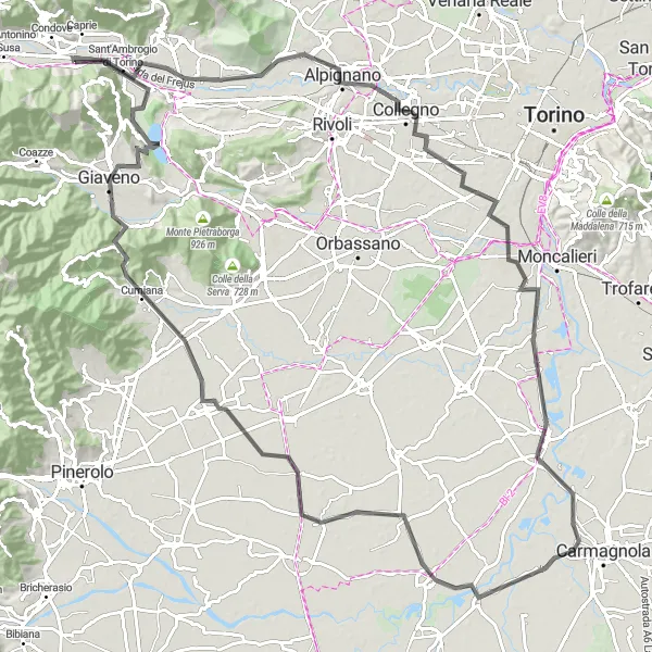 Miniatura della mappa di ispirazione al ciclismo "Giro in bicicletta da Chiusa di San Michele" nella regione di Piemonte, Italy. Generata da Tarmacs.app, pianificatore di rotte ciclistiche