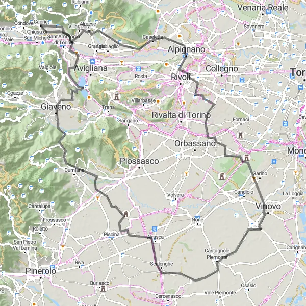 Map miniature of "Scenic Road Route around Chiusa di San Michele" cycling inspiration in Piemonte, Italy. Generated by Tarmacs.app cycling route planner