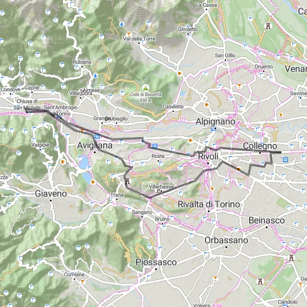 Mapa miniatúra "Cyklotrasa cez Rocce Rosse a Rivoli" cyklistická inšpirácia v Piemonte, Italy. Vygenerované cyklistickým plánovačom trás Tarmacs.app