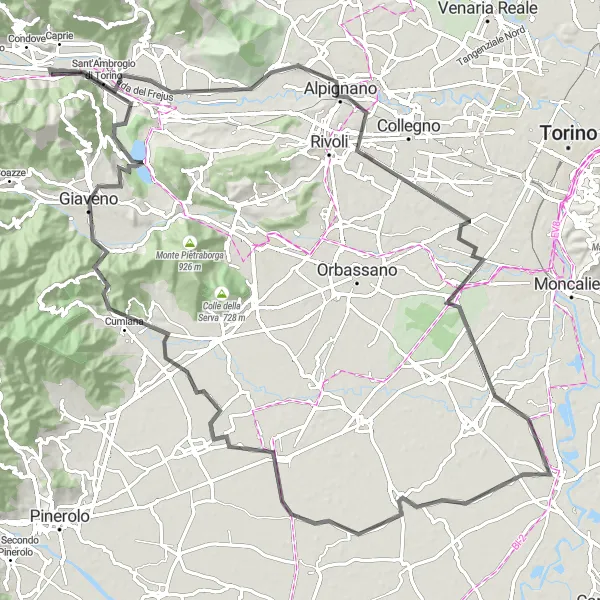Kartminiatyr av "Lang landeveistur i Piemonte" sykkelinspirasjon i Piemonte, Italy. Generert av Tarmacs.app sykkelrutoplanlegger