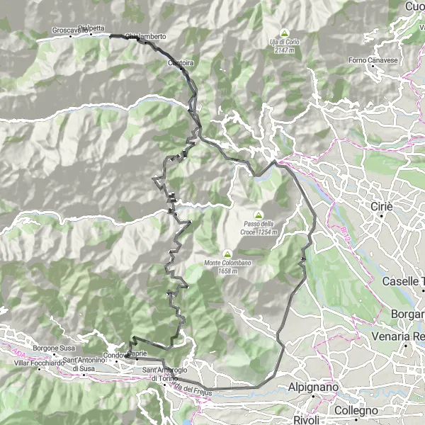 Miniatua del mapa de inspiración ciclista "Ruta por carretera a través de Chiusa di San Michele" en Piemonte, Italy. Generado por Tarmacs.app planificador de rutas ciclistas