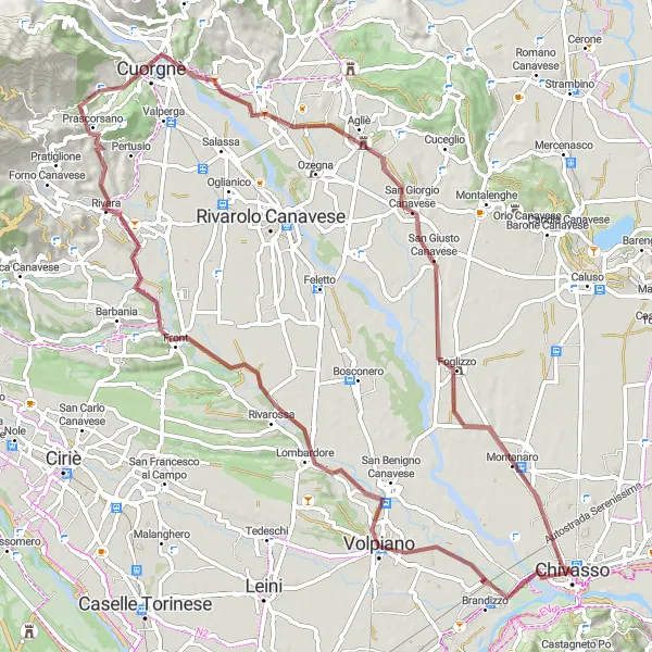 Miniatuurkaart van de fietsinspiratie "Graveltocht vanuit Chivasso naar Agliè" in Piemonte, Italy. Gemaakt door de Tarmacs.app fietsrouteplanner