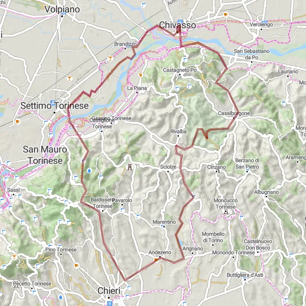 Miniatura della mappa di ispirazione al ciclismo "Avventura gravel da Chivasso a Brandizzo" nella regione di Piemonte, Italy. Generata da Tarmacs.app, pianificatore di rotte ciclistiche