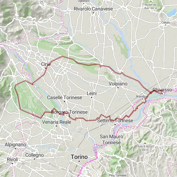 Miniatura della mappa di ispirazione al ciclismo "Avventura in bicicletta tra Chivasso e Borgaro Torinese" nella regione di Piemonte, Italy. Generata da Tarmacs.app, pianificatore di rotte ciclistiche