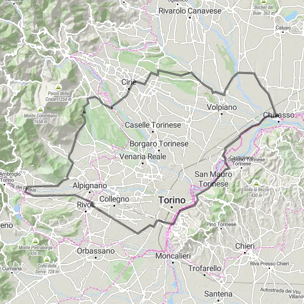 Miniatura della mappa di ispirazione al ciclismo "Giro in bicicletta da Chivasso a Rivoli" nella regione di Piemonte, Italy. Generata da Tarmacs.app, pianificatore di rotte ciclistiche