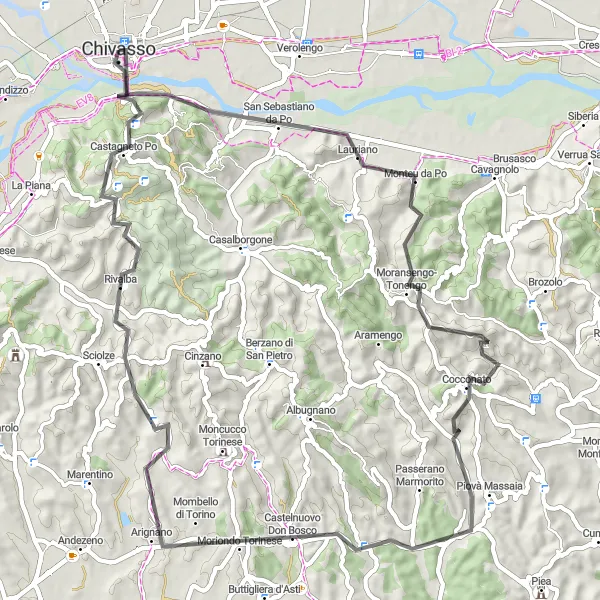Karttaminiaatyyri "Haastava reitti kukkuloille" pyöräilyinspiraatiosta alueella Piemonte, Italy. Luotu Tarmacs.app pyöräilyreittisuunnittelijalla