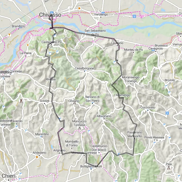 Map miniature of "San Sebastiano da Po: Exploring the Vineyards and Hilltop Monasteries" cycling inspiration in Piemonte, Italy. Generated by Tarmacs.app cycling route planner