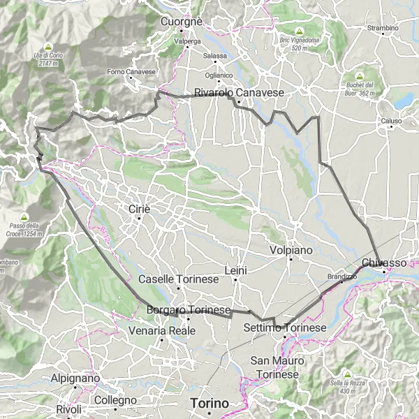 Karttaminiaatyyri "Reitti Chivassosta Settimo Torineseen" pyöräilyinspiraatiosta alueella Piemonte, Italy. Luotu Tarmacs.app pyöräilyreittisuunnittelijalla