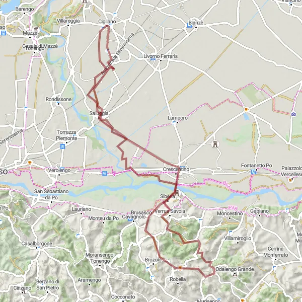 Mapa miniatúra "Gravelová trasa cez Brozolo a Saluggia" cyklistická inšpirácia v Piemonte, Italy. Vygenerované cyklistickým plánovačom trás Tarmacs.app