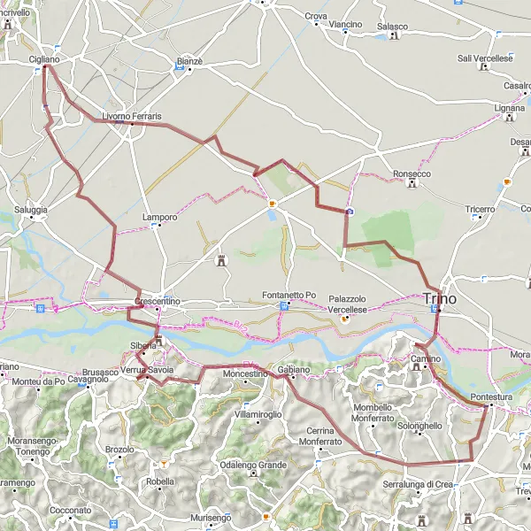 Map miniature of "Gravel Route to Crescentino" cycling inspiration in Piemonte, Italy. Generated by Tarmacs.app cycling route planner